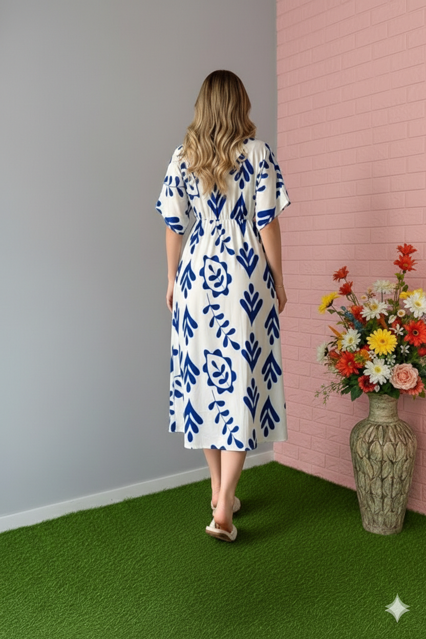 Women’s Blue Floral Motif Flare Midi Gown