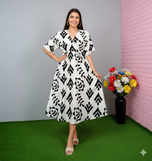 Elegant V-Neck Empire Waist Midi Dress in White with Black Botanical Prints
