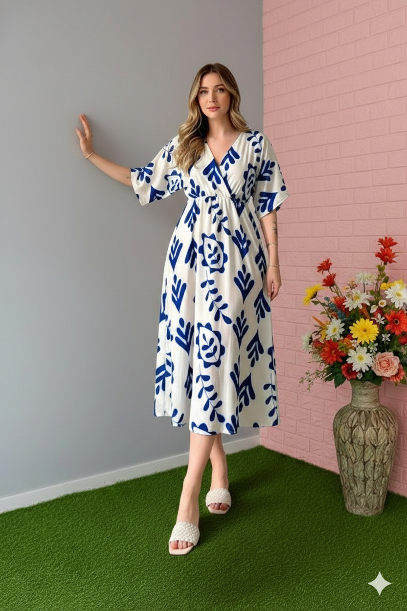 Women’s Blue Floral Motif Flare Midi Gown