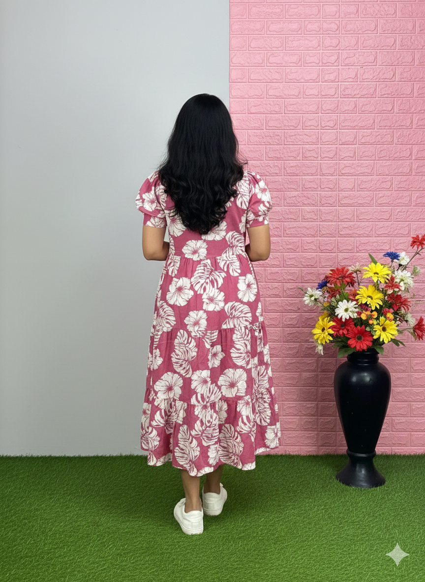 Mauve & Cream Tropical Leaf Print Tiered Midi Dress with Puff Sleeves