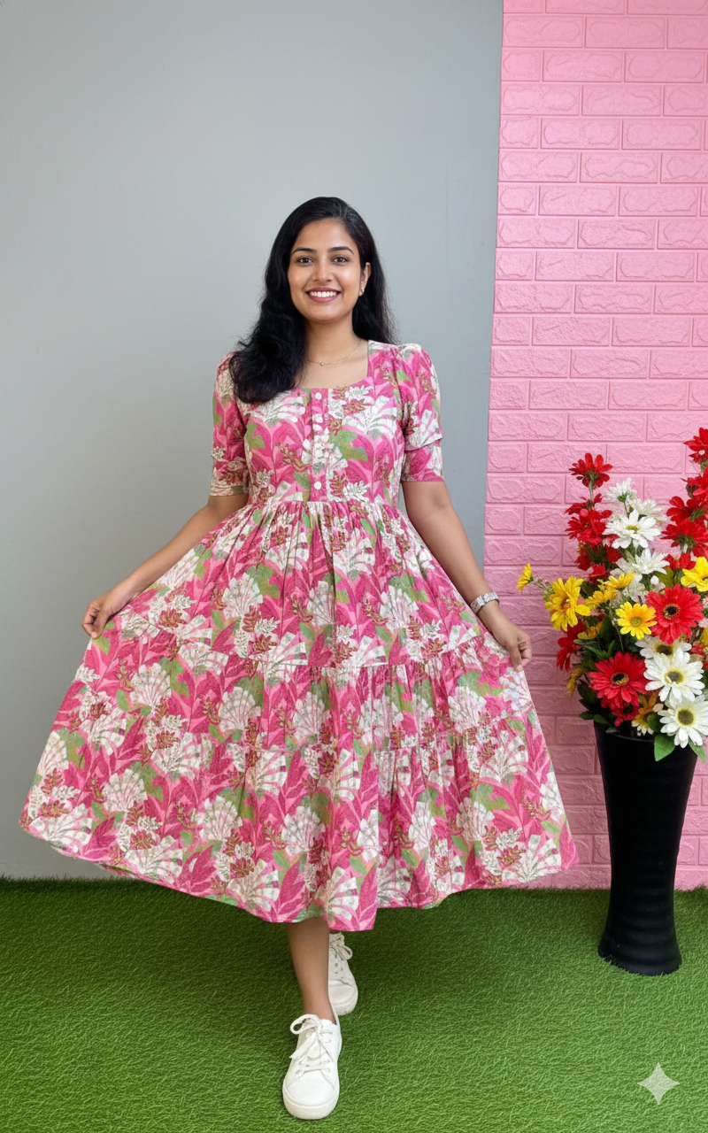 Vibrant Pink & Green Botanical Print Tiered Midi Dress