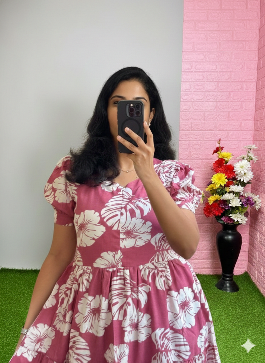 Mauve & Cream Tropical Leaf Print Tiered Midi Dress with Puff Sleeves