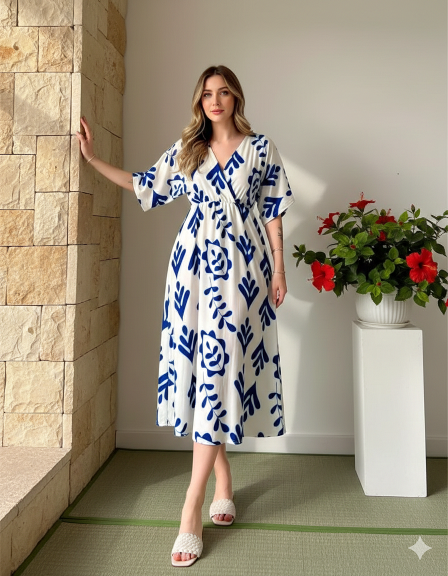 Women’s Blue Floral Motif Flare Midi Gown