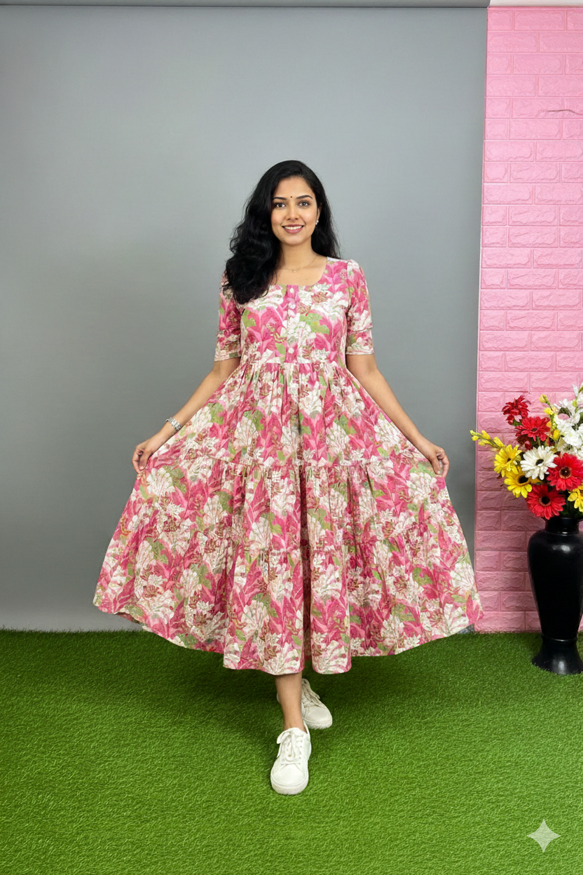 Vibrant Pink & Green Botanical Print Tiered Midi Dress