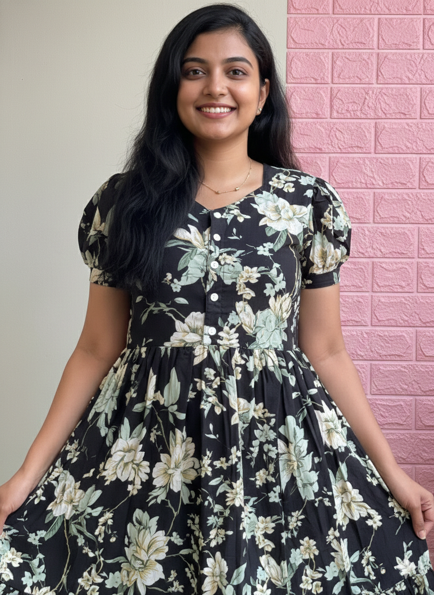 Elegant Black & Sage Floral Printed Tiered Midi Dress with Puff Sleeves