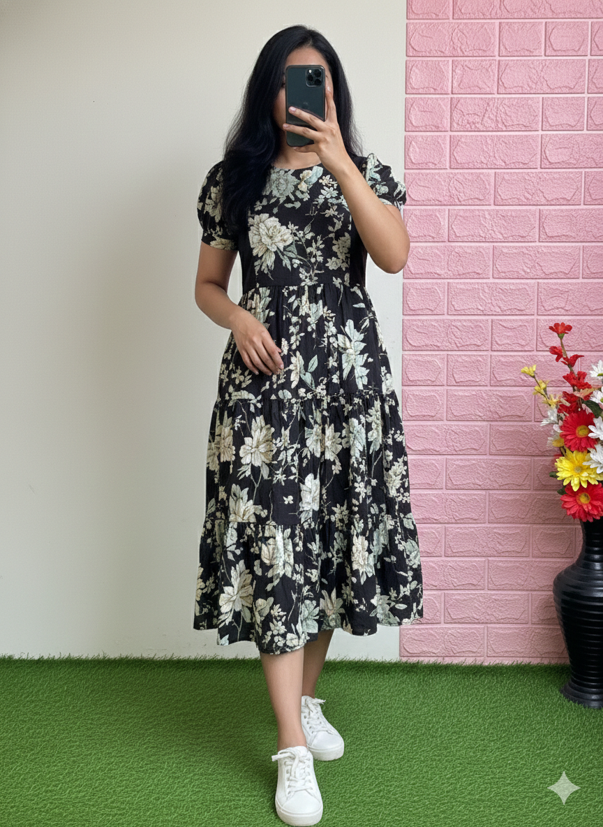 Elegant Black & Sage Floral Printed Tiered Midi Dress with Puff Sleeves