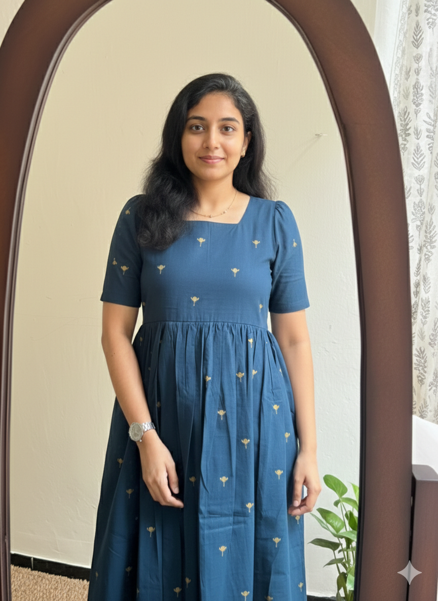 Women's Navy Blue Cotton Midi Dress with Gold Floral Print