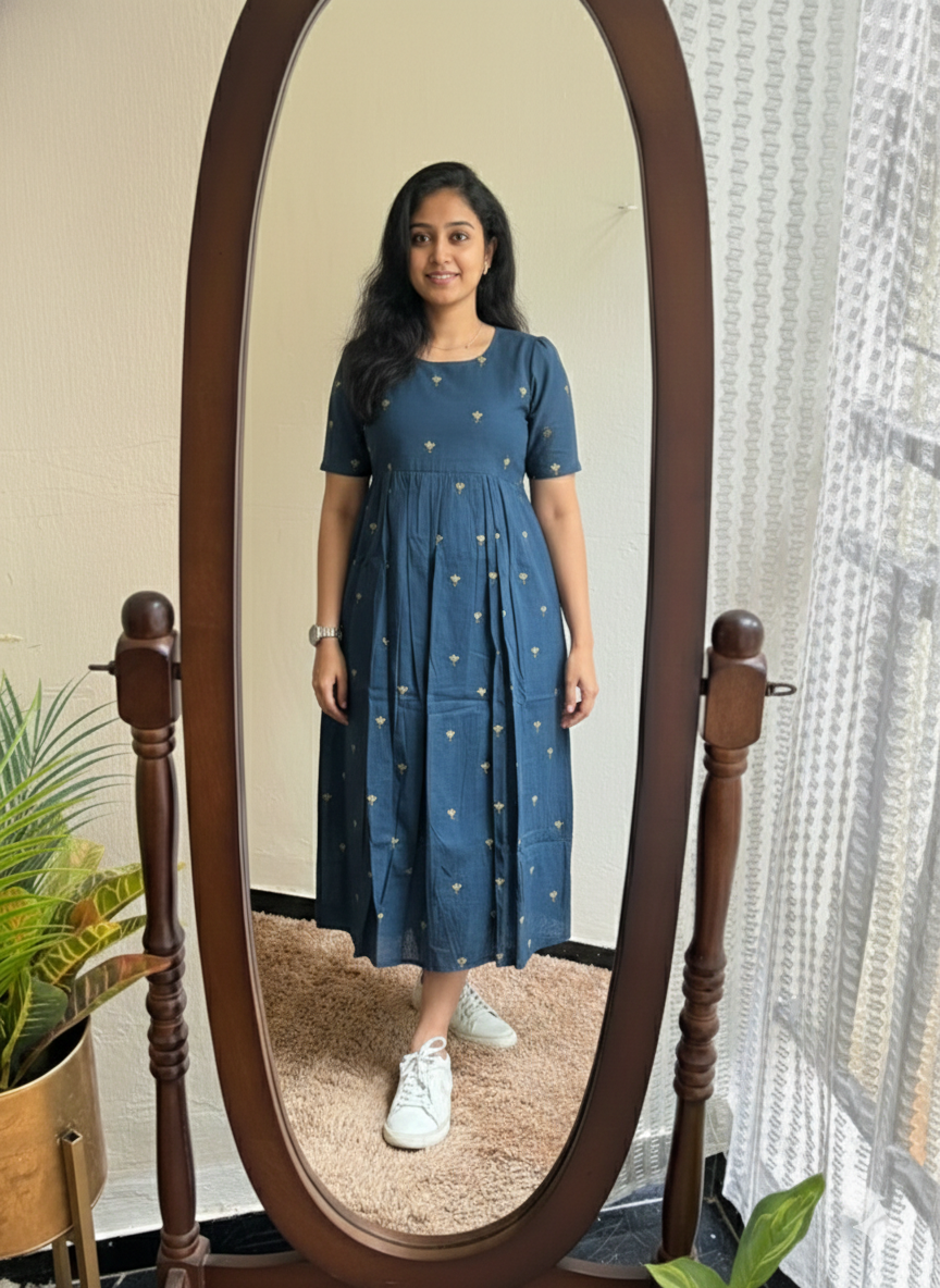 Women's Navy Blue Cotton Midi Dress with Gold Floral Print