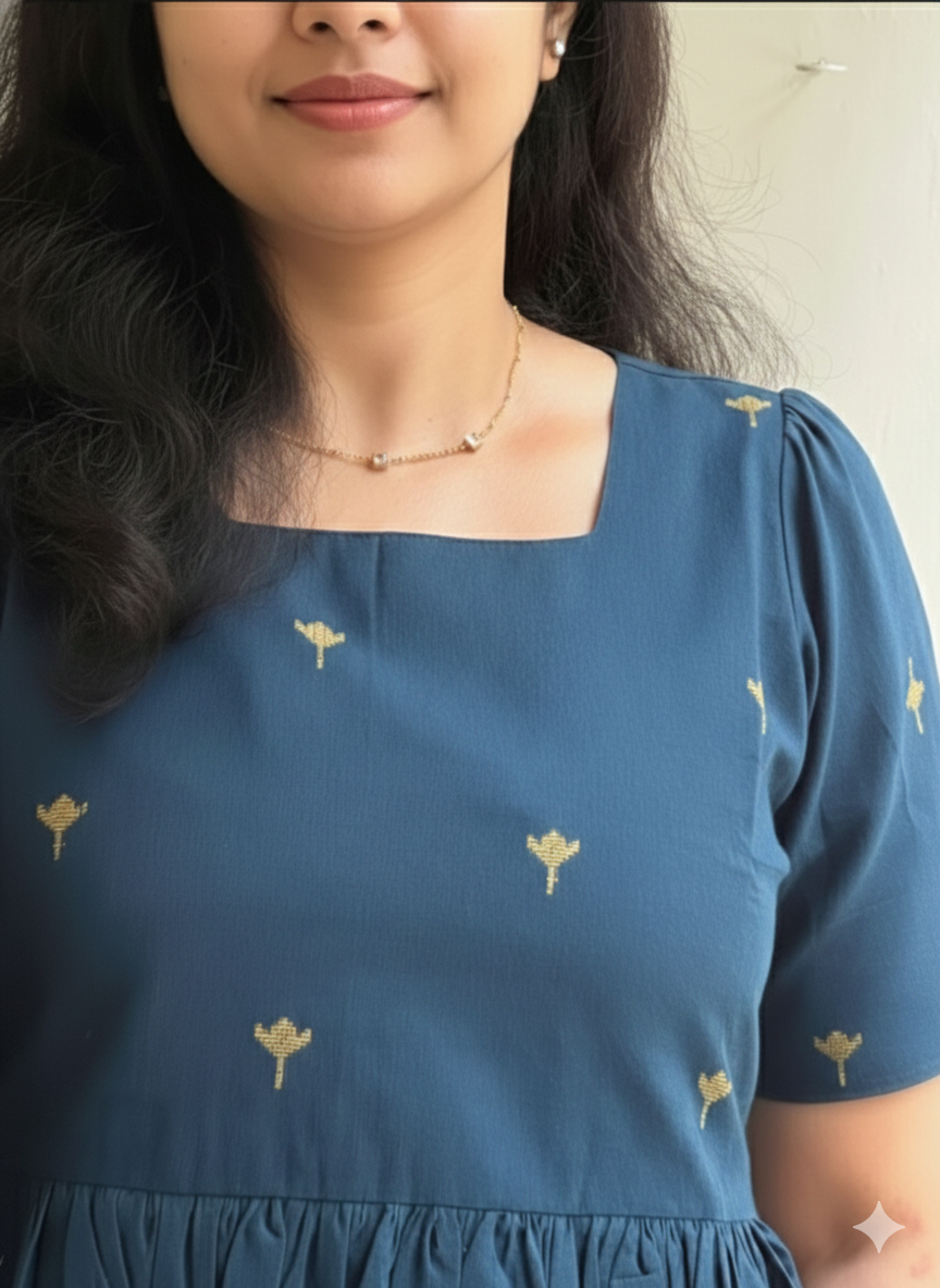 Women's Navy Blue Cotton Midi Dress with Gold Floral Print