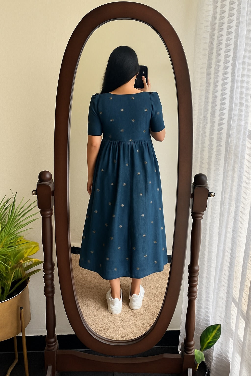 Women's Navy Blue Cotton Midi Dress with Gold Floral Print