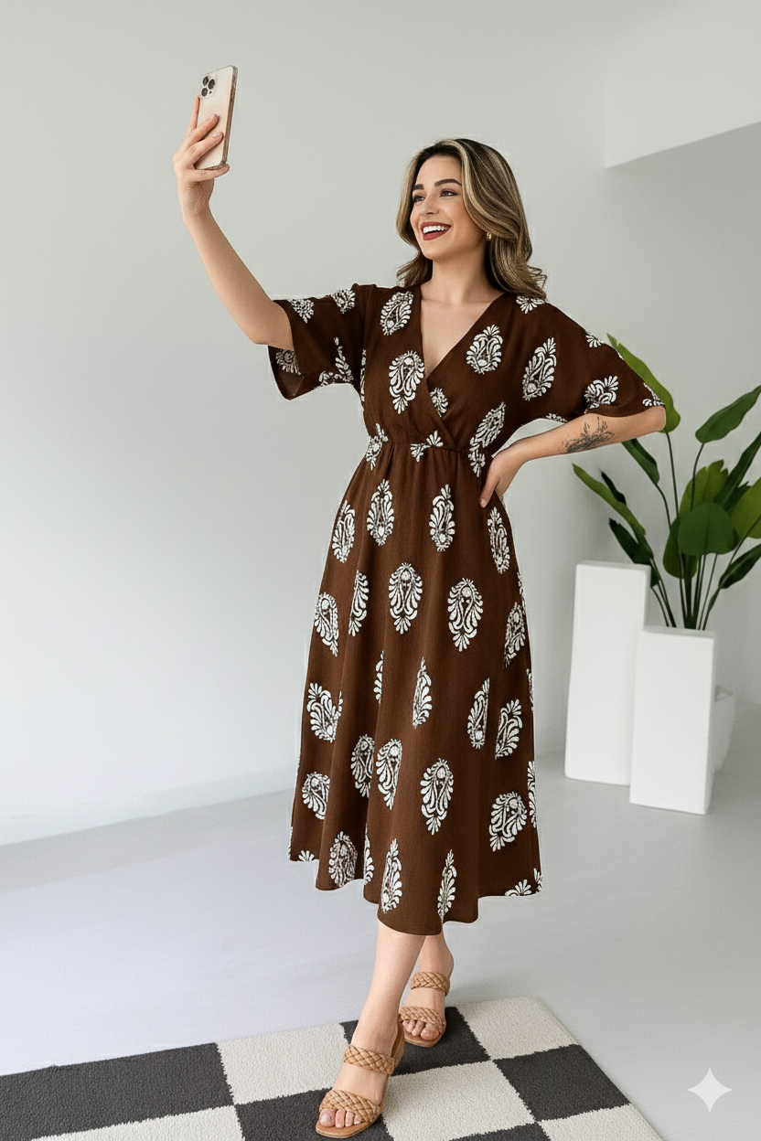 Stylish V-Neck Empire Waist Midi Dress in Coffee Brown with Floral Motifs