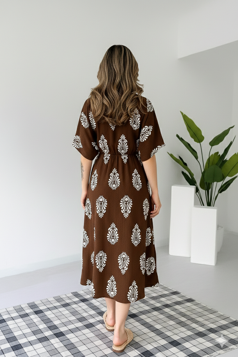 Stylish V-Neck Empire Waist Midi Dress in Coffee Brown with Floral Motifs