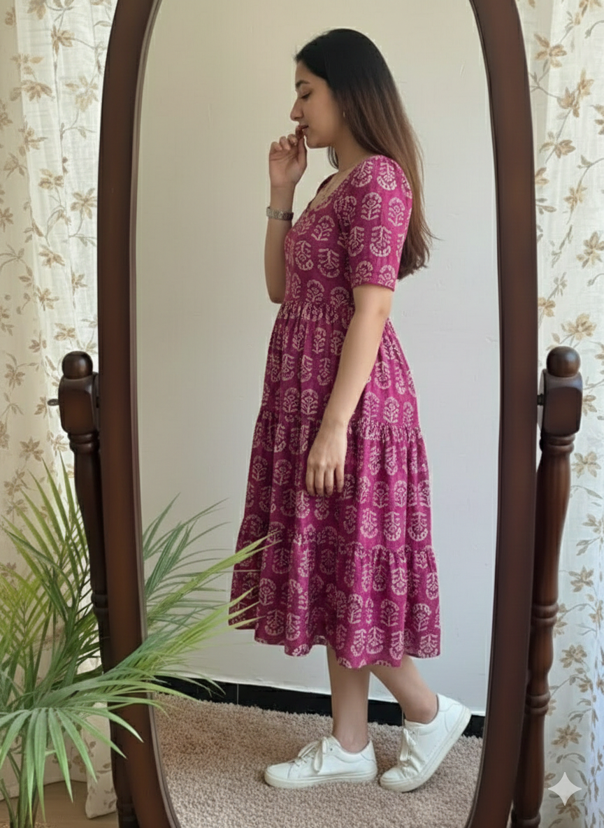 Women Printed Viscose Rayon Flared Kurta (Pink)