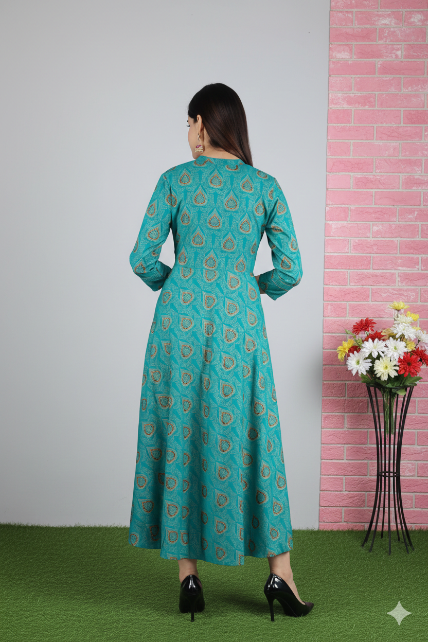 Women Green Ethnic Motifs Embroidered Keyhole Neck Flared Sleeves Anarkali Kurta