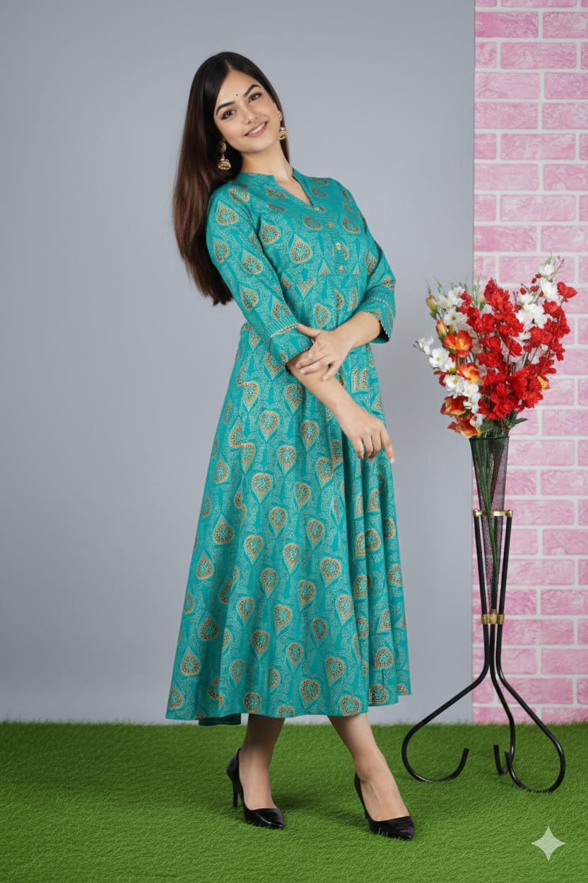 Women Green Ethnic Motifs Embroidered Keyhole Neck Flared Sleeves Anarkali Kurta