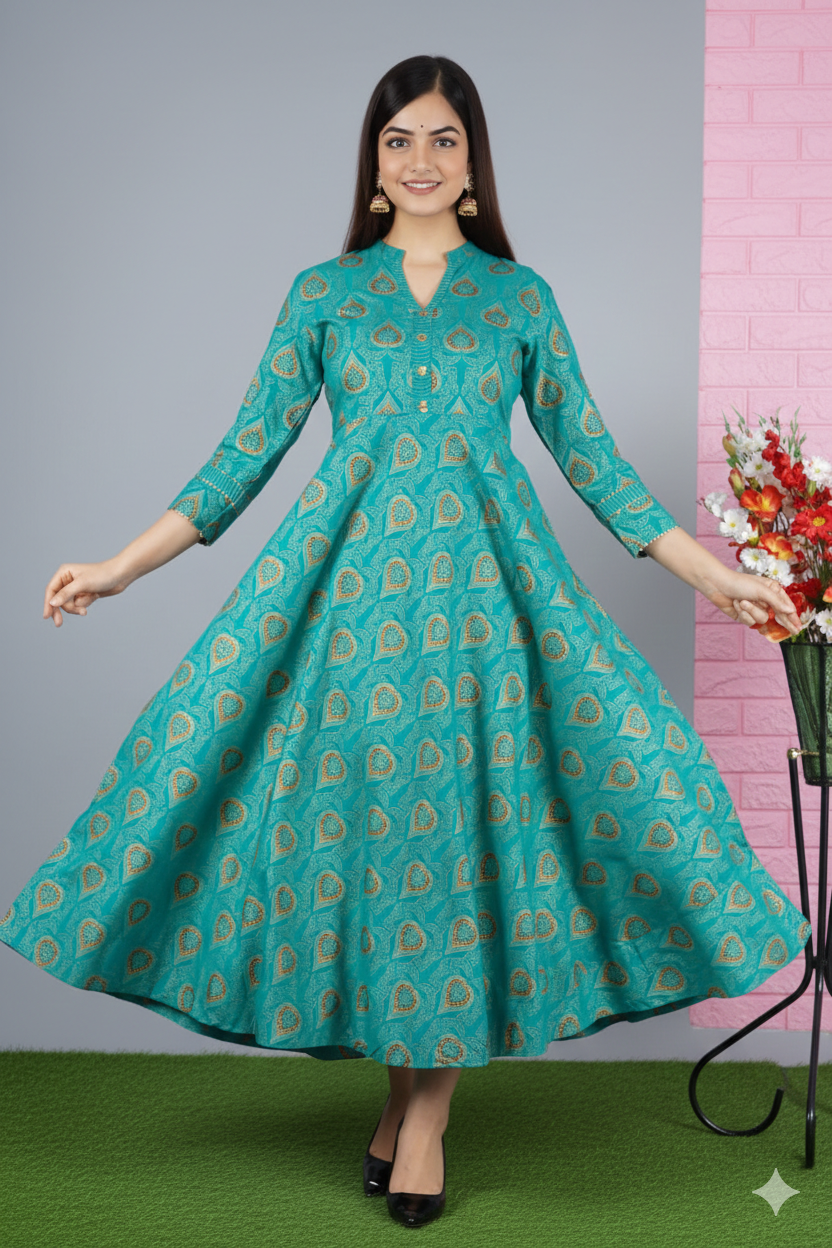 Women Green Ethnic Motifs Embroidered Keyhole Neck Flared Sleeves Anarkali Kurta