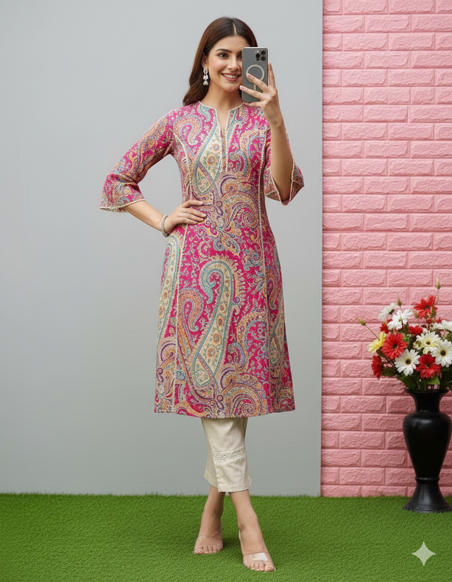 Vibrant Paisley Motif Calf-Length Kurti with Scalloped Sleeves and V-Neck