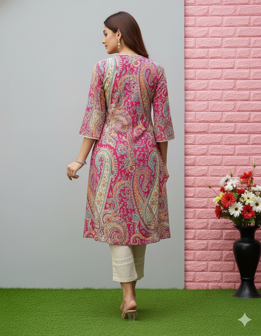 Vibrant Paisley Motif Calf-Length Kurti with Scalloped Sleeves and V-Neck