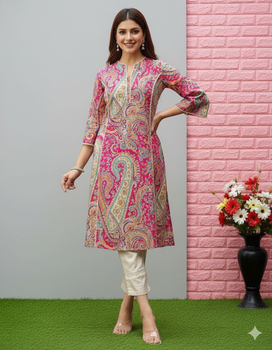Vibrant Paisley Motif Calf-Length Kurti with Scalloped Sleeves and V-Neck