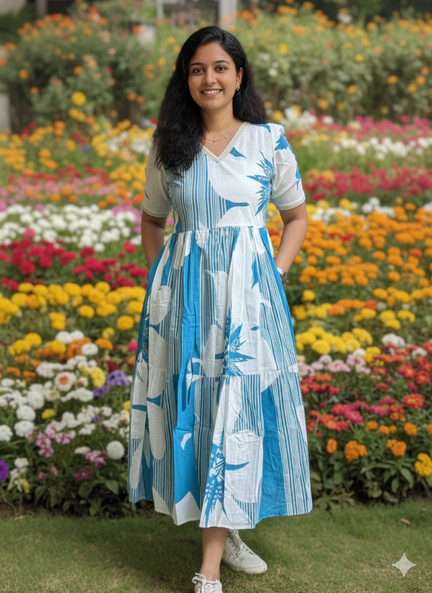 Women Fit and Flare Light Blue Midi/Calf Length Dress