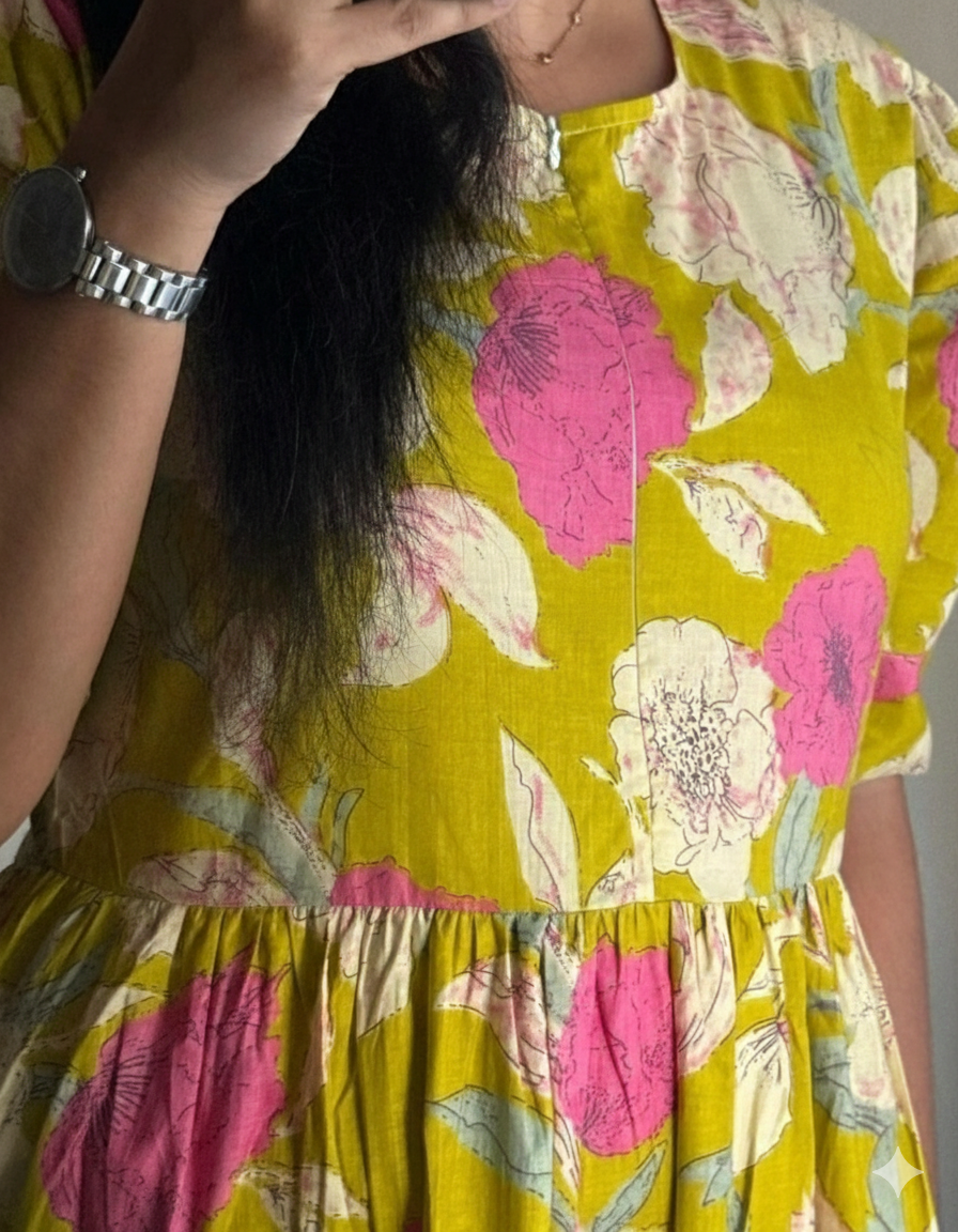 Women’s Mustard & Pink Floral Boho Midi Gown