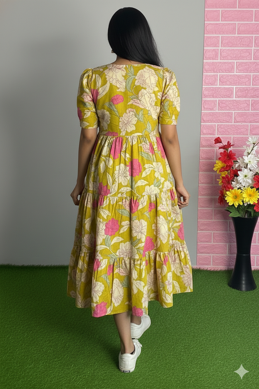 Women’s Mustard & Pink Floral Boho Midi Gown