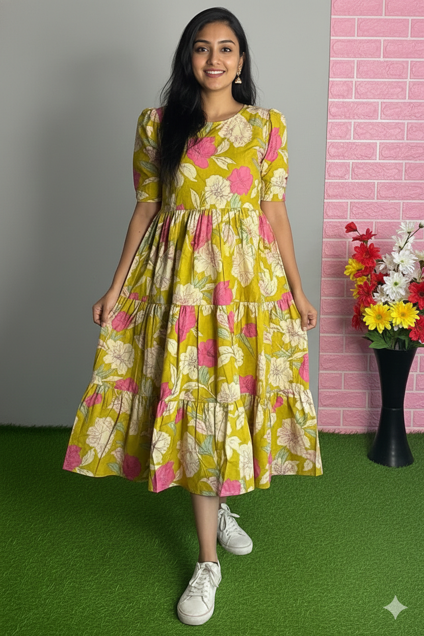 Women’s Mustard & Pink Floral Boho Midi Gown
