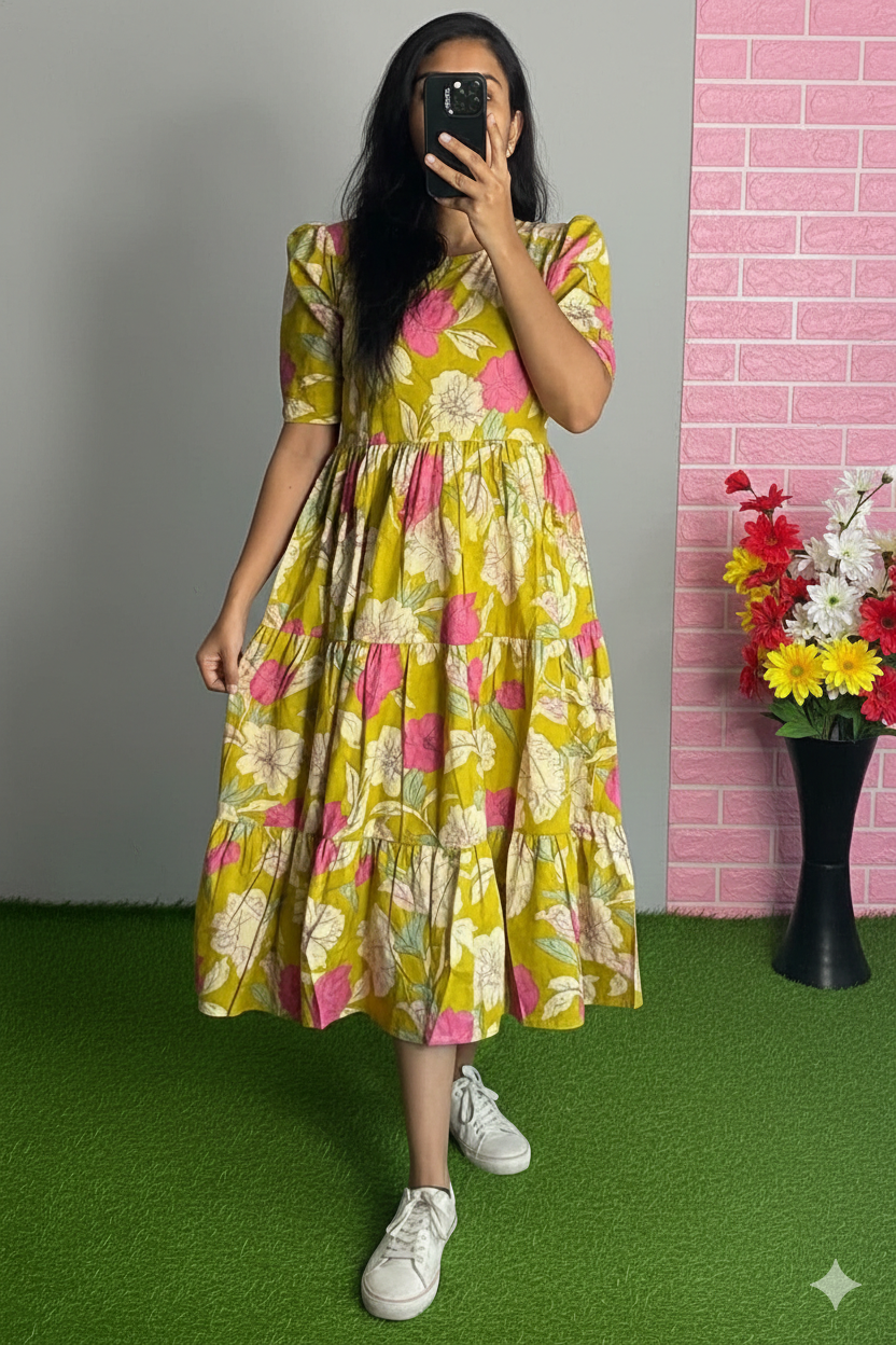 Women’s Mustard & Pink Floral Boho Midi Gown