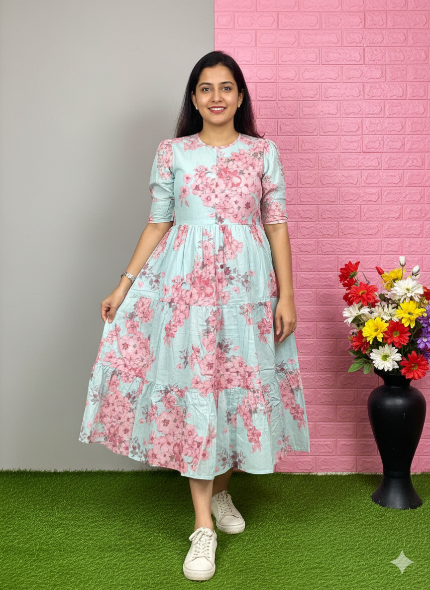 Pastel Sky Blue Floral Printed Tiered Midi Dress with Puff Sleeves