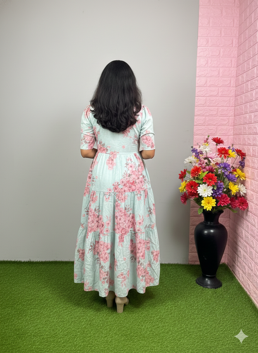 Pastel Sky Blue Floral Printed Tiered Midi Dress with Puff Sleeves