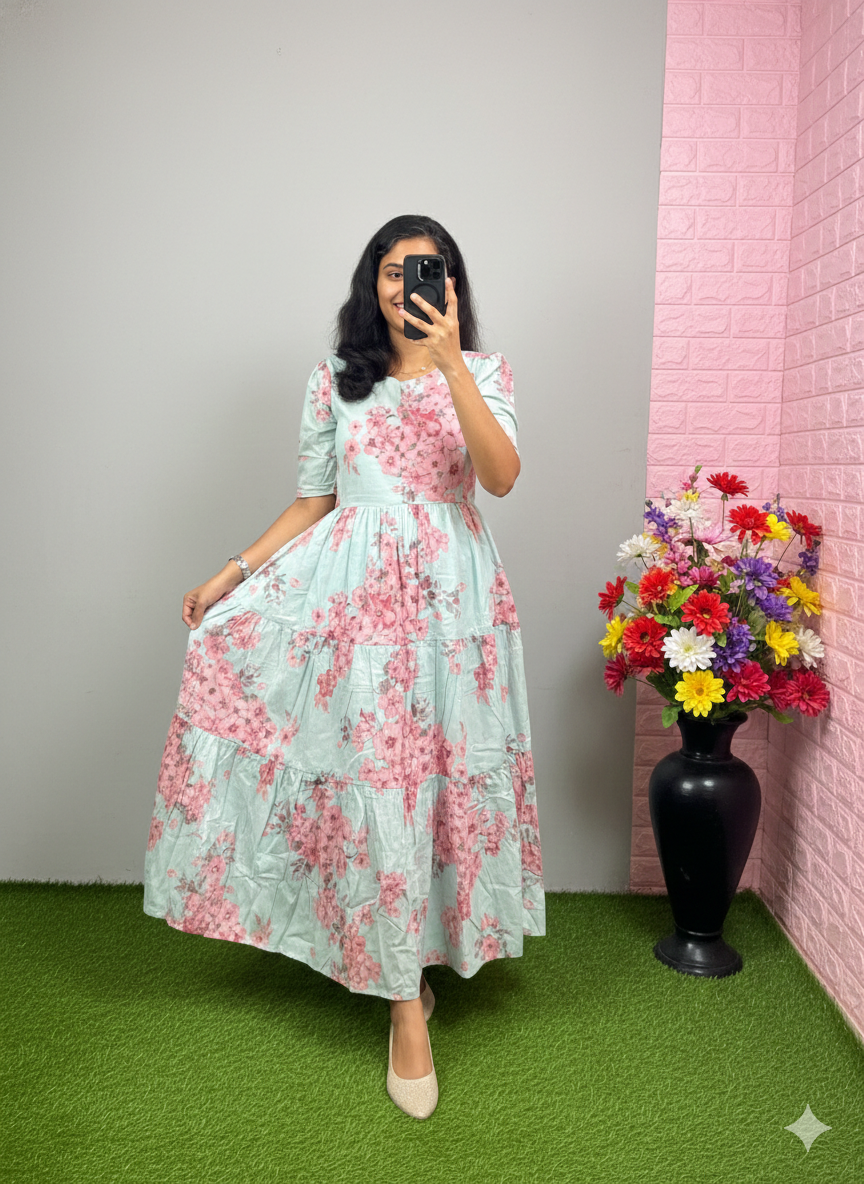 Pastel Sky Blue Floral Printed Tiered Midi Dress with Puff Sleeves