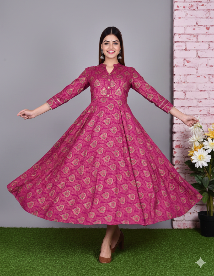 Women Magenta & Gold-Toned Ethnic Motifs Printed Anarkali Kurta