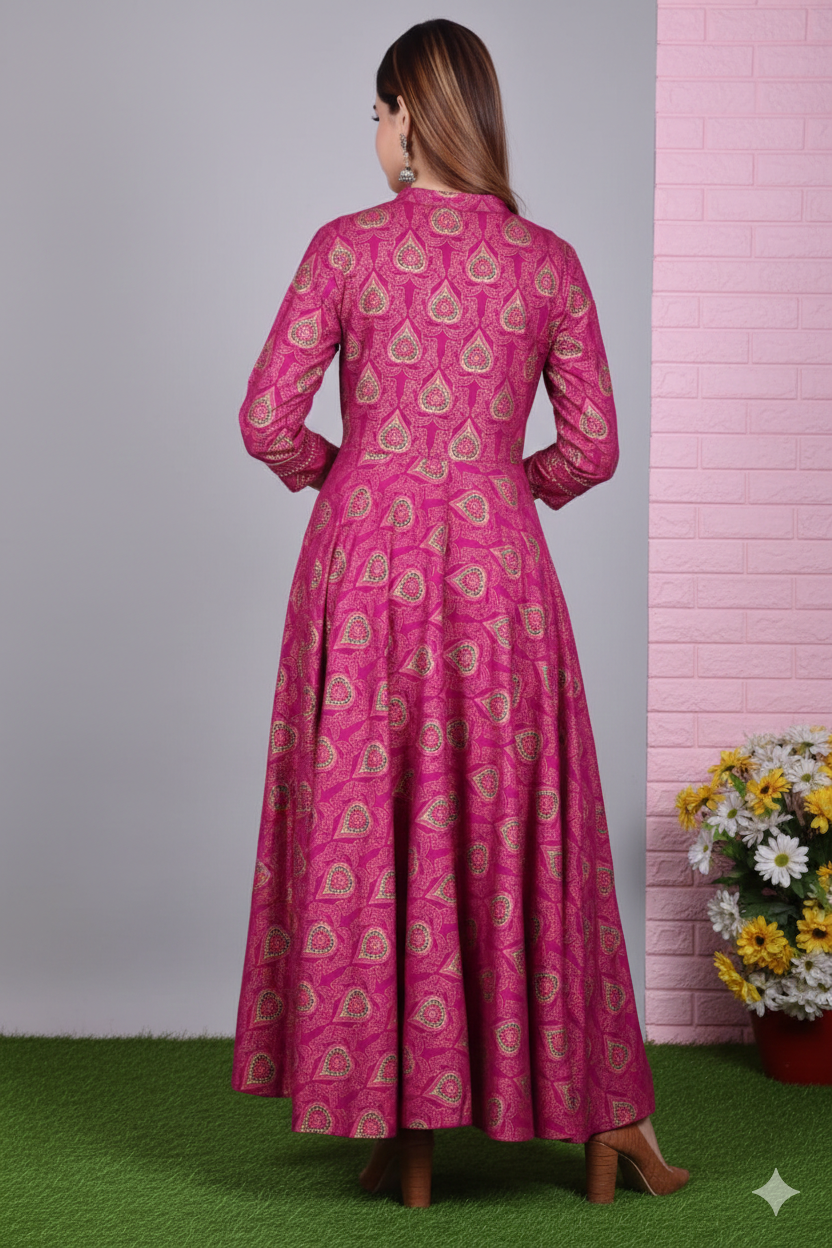 Women Magenta & Gold-Toned Ethnic Motifs Printed Anarkali Kurta
