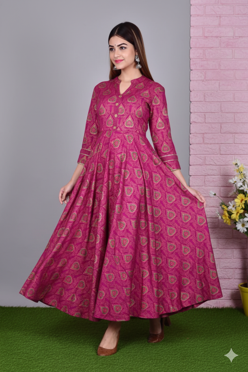 Women Magenta & Gold-Toned Ethnic Motifs Printed Anarkali Kurta