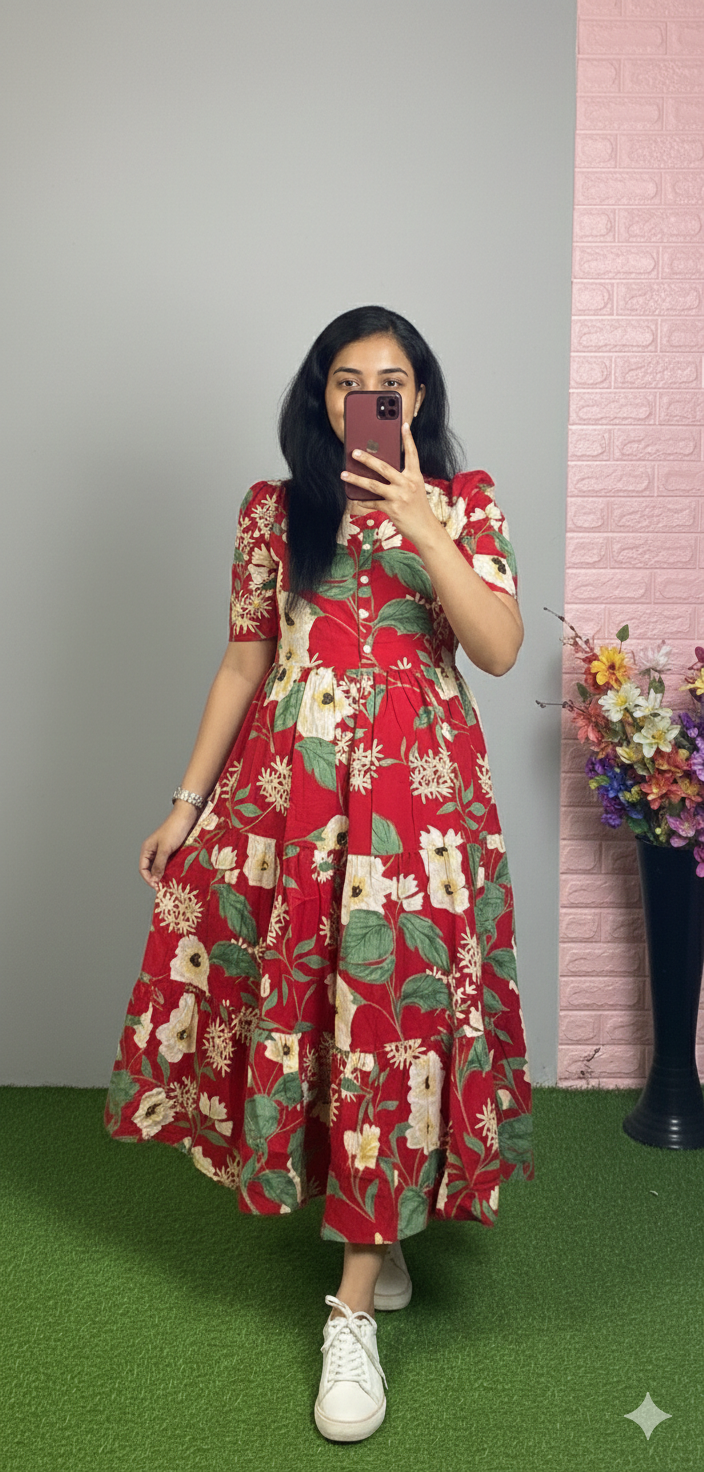 Women's Red Floral Printed Cotton Tiered Midi Dress with Puff Sleeves