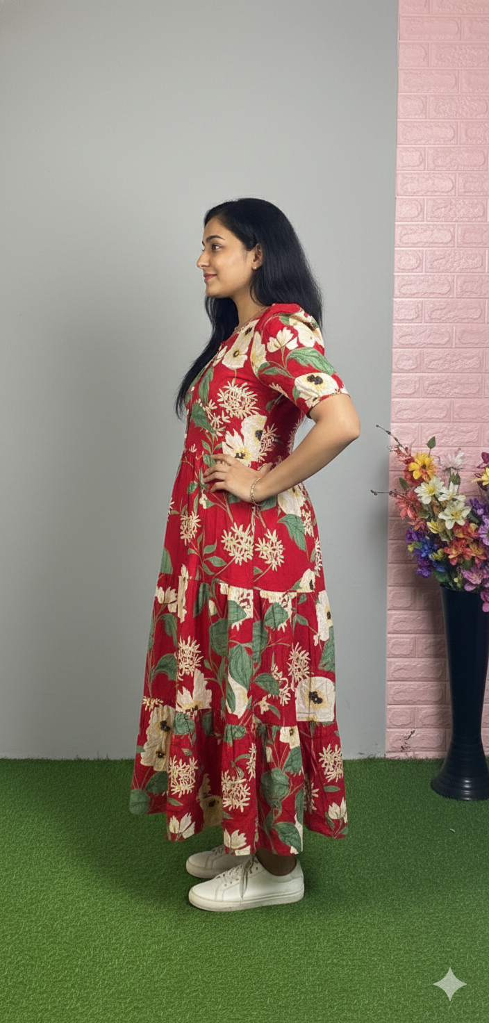 Women's Red Floral Printed Cotton Tiered Midi Dress with Puff Sleeves
