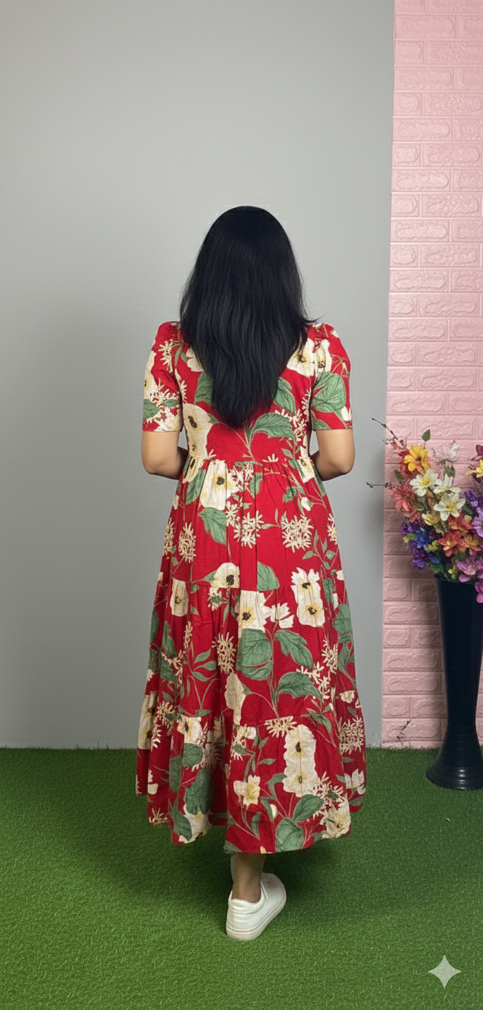 Women's Red Floral Printed Cotton Tiered Midi Dress with Puff Sleeves
