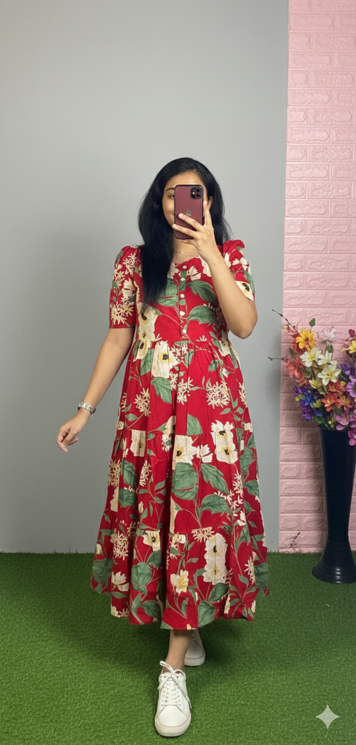 Women's Red Floral Printed Cotton Tiered Midi Dress with Puff Sleeves