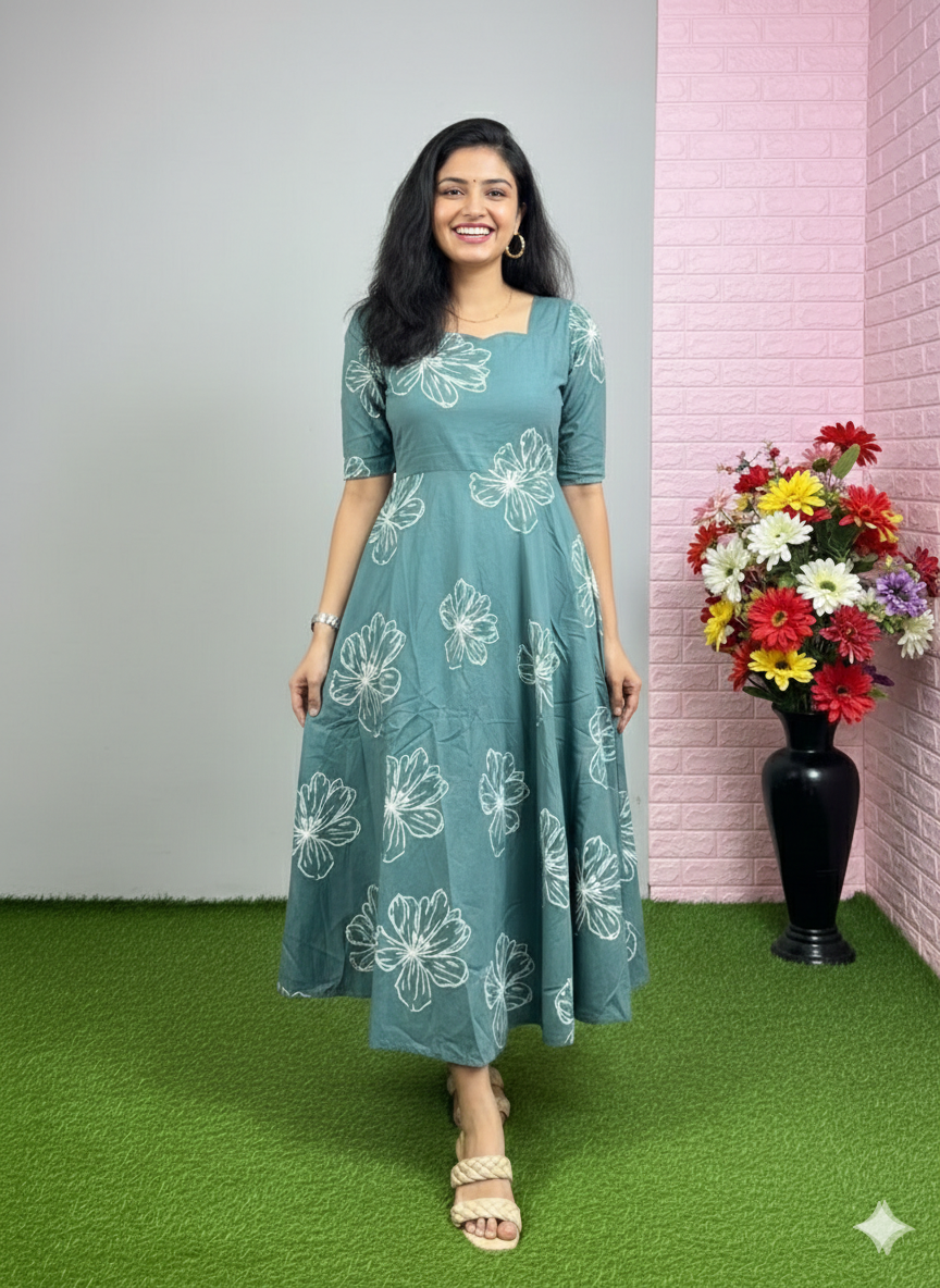 Stylish Floral A-Line Teal Midi Dress with Half Sleeves