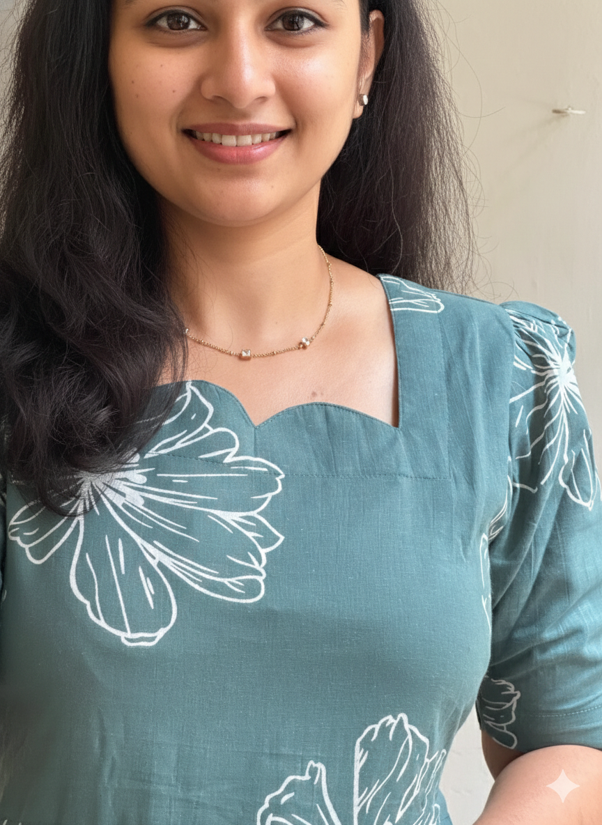 Stylish Floral A-Line Teal Midi Dress with Half Sleeves