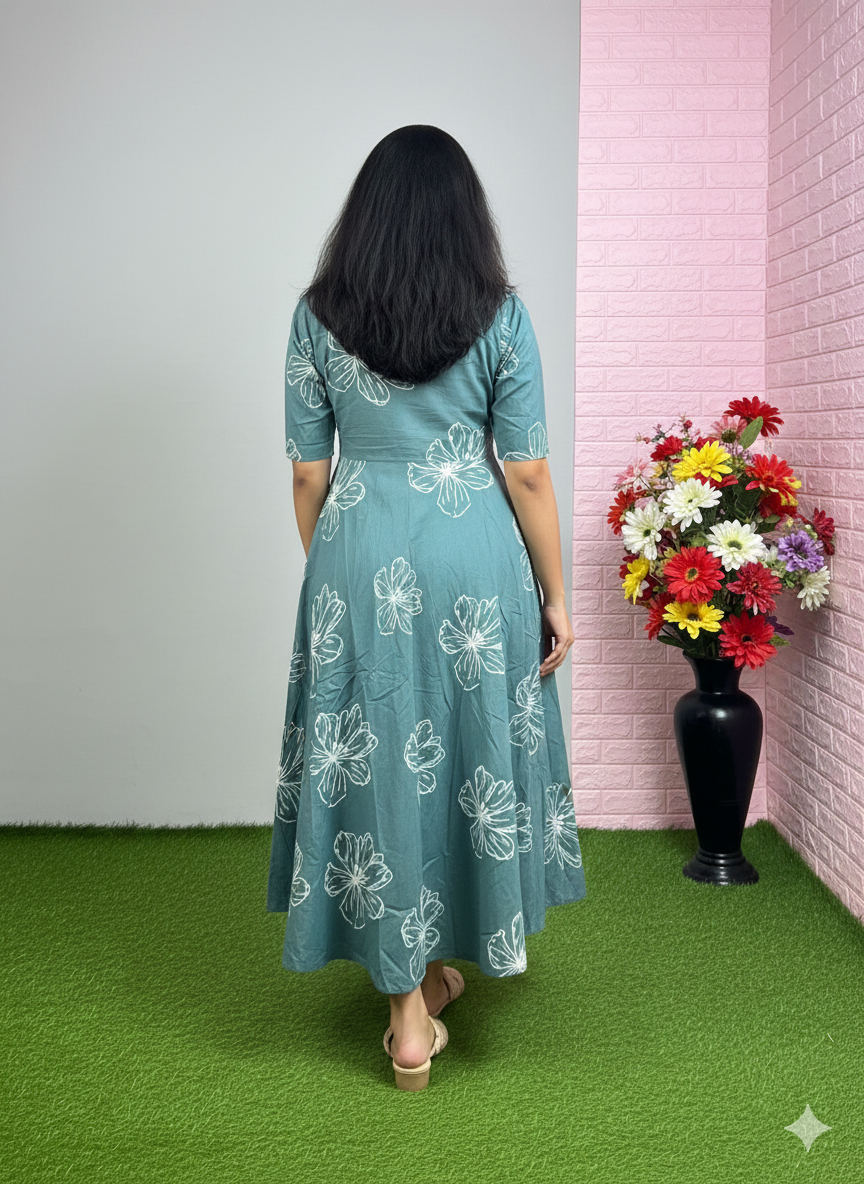 Stylish Floral A-Line Teal Midi Dress with Half Sleeves