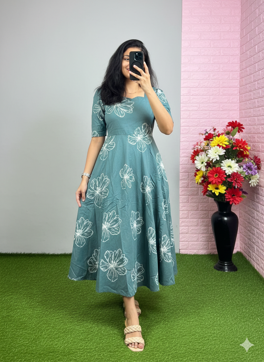 Stylish Floral A-Line Teal Midi Dress with Half Sleeves