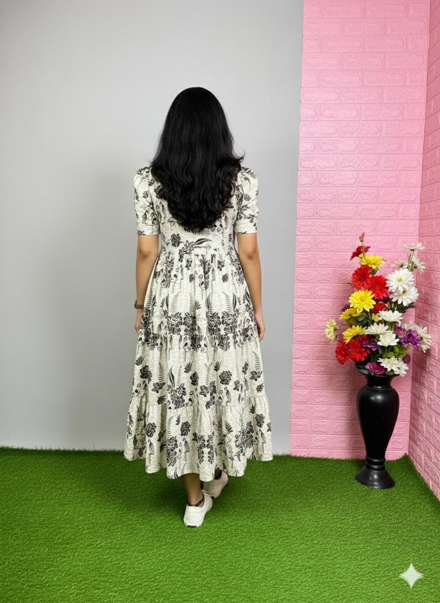 Black & White Botanical Print Tiered Midi Dress with Ruffle Sleeves