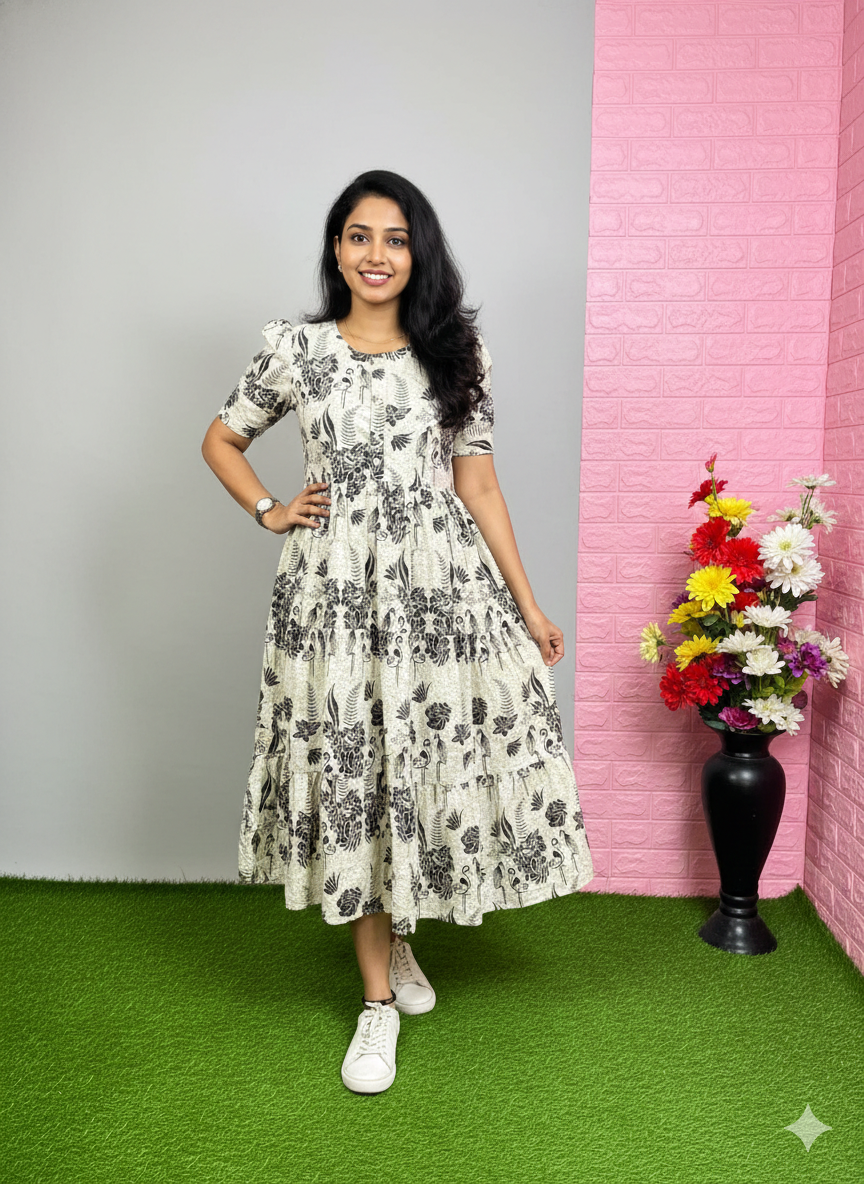 Black & White Botanical Print Tiered Midi Dress with Ruffle Sleeves