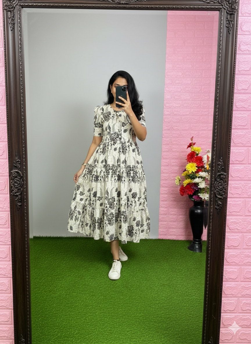 Black & White Botanical Print Tiered Midi Dress with Ruffle Sleeves