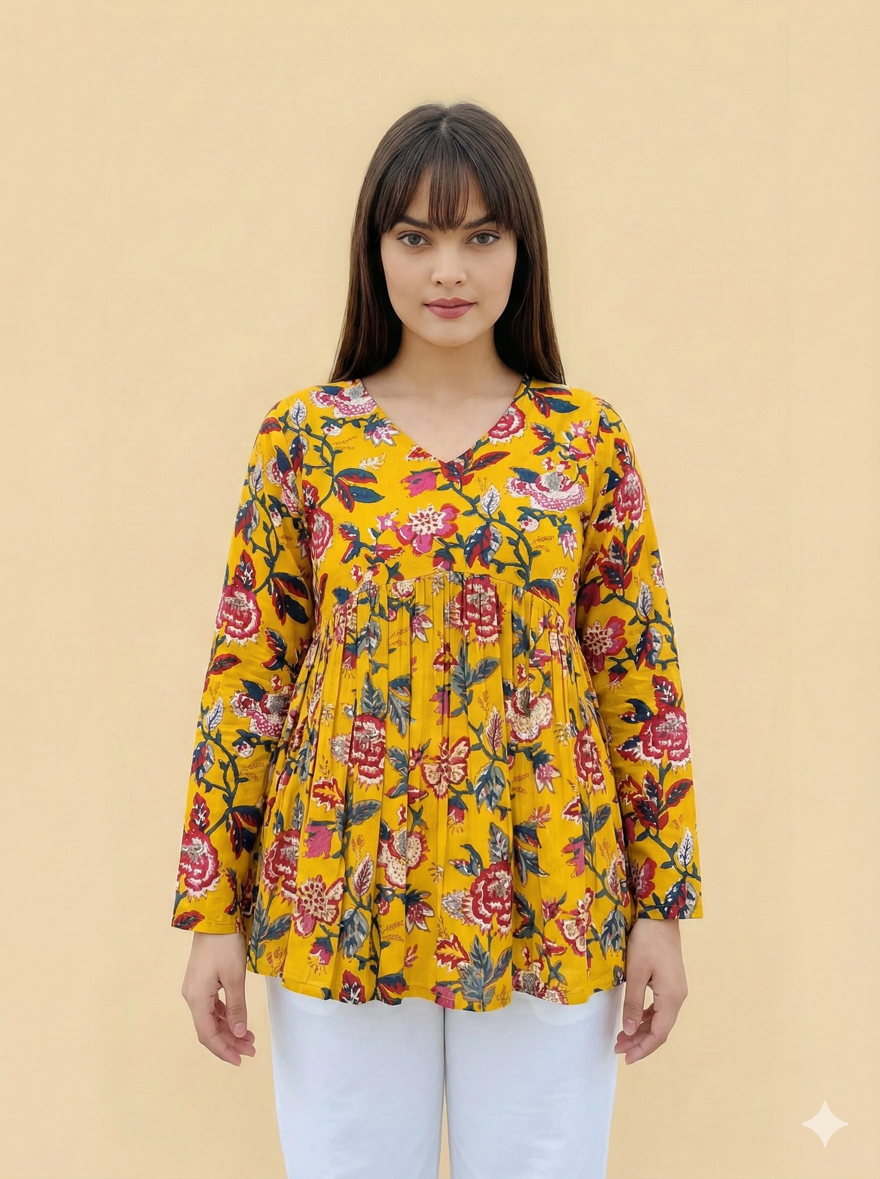 Yellow Floral A-Line Top | Summer Casual Wear V-Neck Tunic