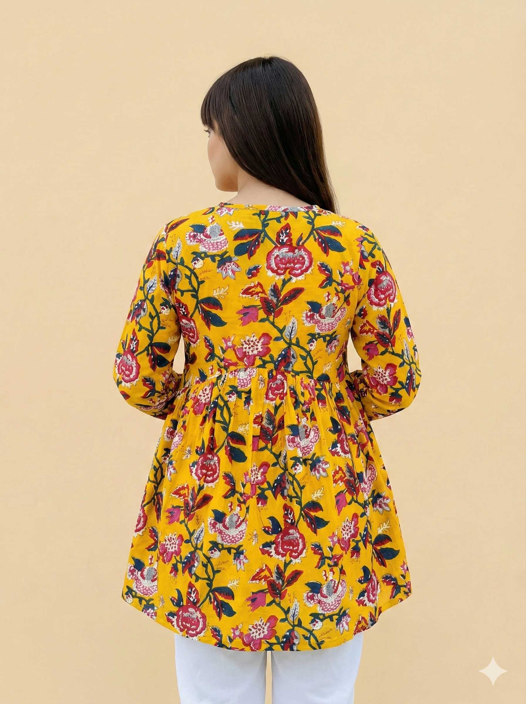 Yellow Floral A-Line Top | Summer Casual Wear V-Neck Tunic