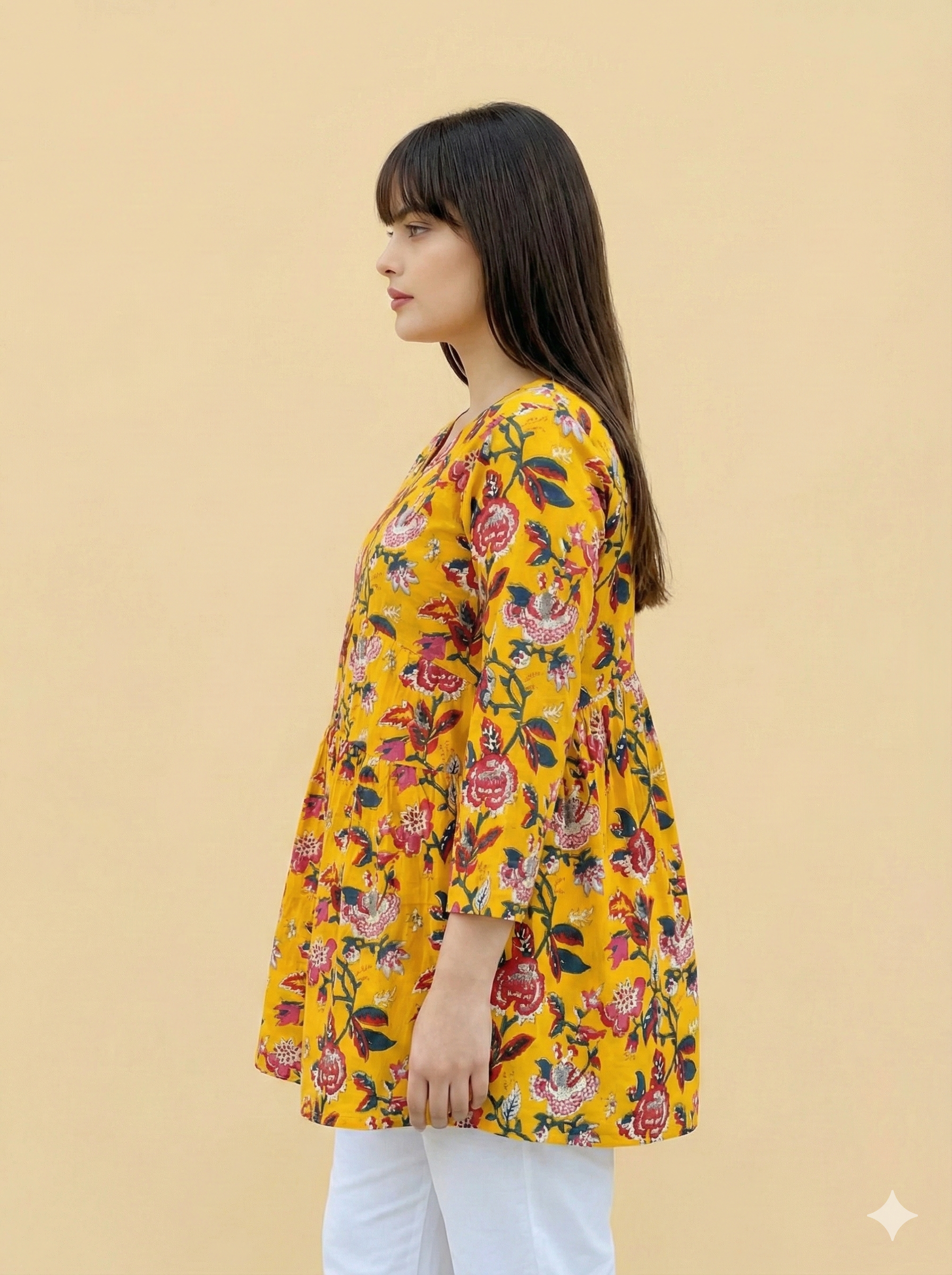 Yellow Floral A-Line Top | Summer Casual Wear V-Neck Tunic